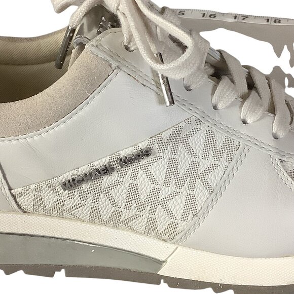 Michael Kors Womens Allie Lace Up Trainers 7M Beige & Metallic MK Monogram - Picture 12 of 16